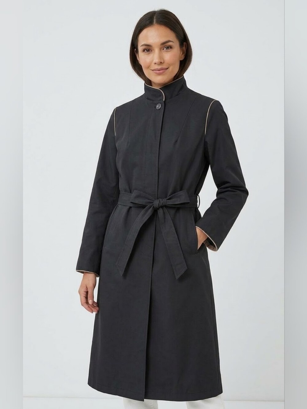 Vintage Pacific Odyssey 70s Trench Coat Belted Black Taupe Trim Small